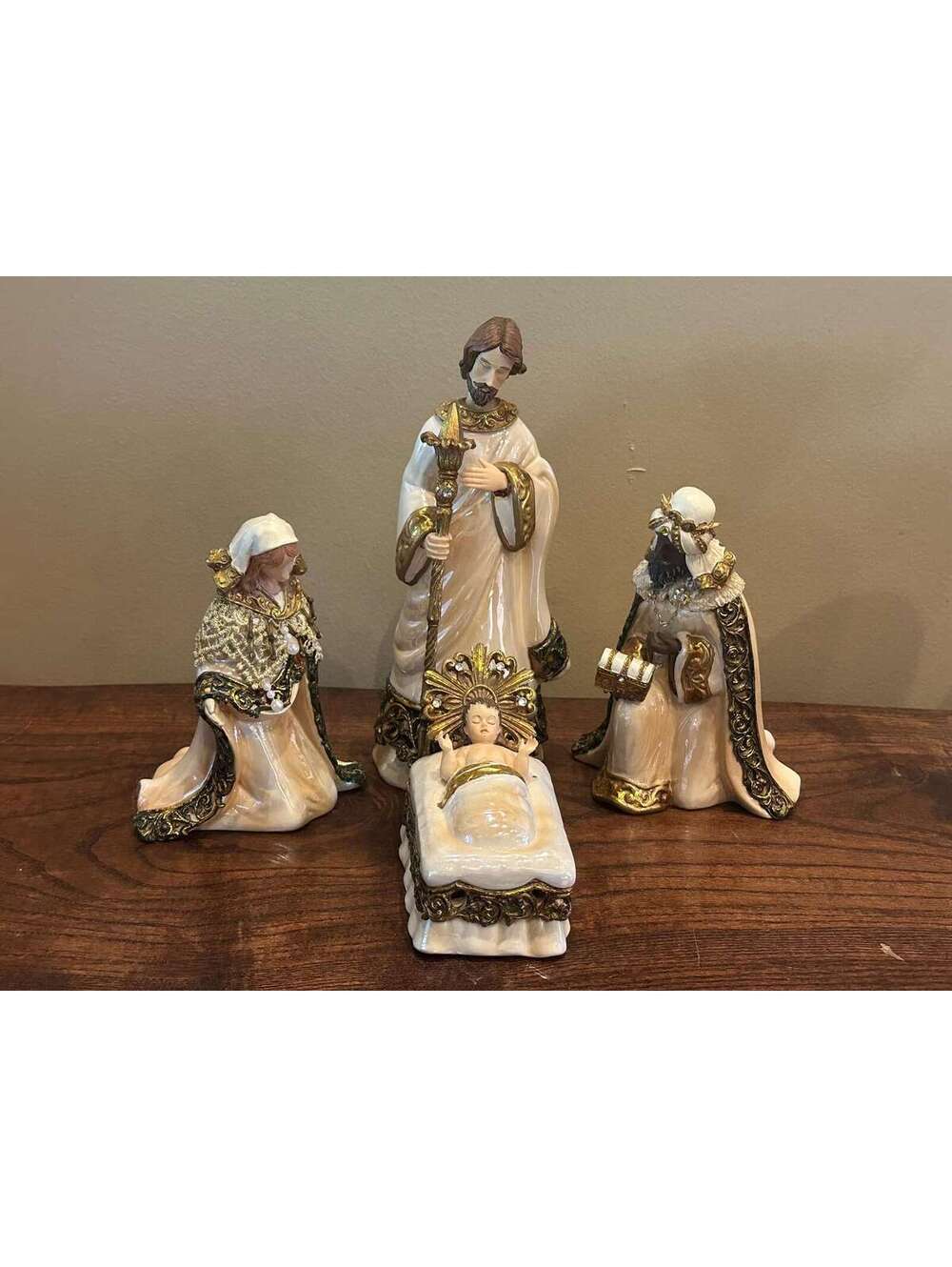 Vintage Nativity Manger Scene with Ceramic Figurines